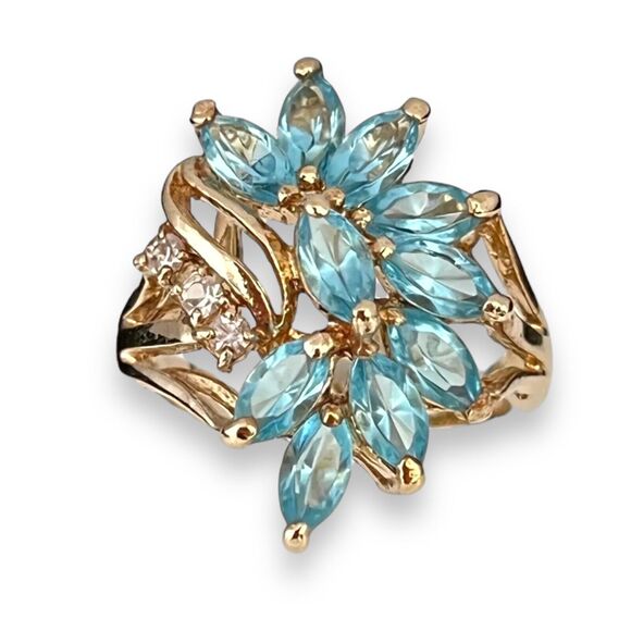 Vintage Ring Size 6 Blue Crystal Cluster 14K Gold Plate Mid-Century 14E - Picture 8 of 14